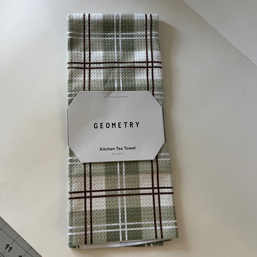 Geometry Kitchen Tea Towel Plaid White Green Brown 18 x 30" NIP
